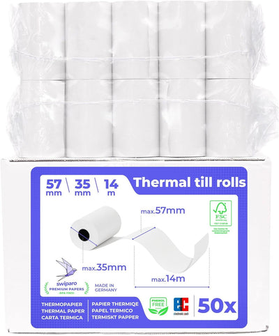 SWIPARO - Ec-Cash Thermorollen 57mm x 14m x 12mm - Kassenrollen - Thermopapier - Bonrollen für Banko
