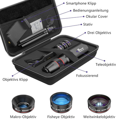 Selvim Objektiv Handy Linse Kit Lens Set, 4 Arten mit Stativ, 22x Teleobjektiv, 25x Makroobjektive,