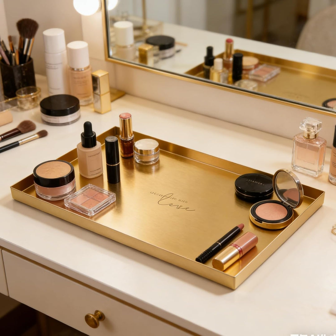 Deko Tablett Gold Tablett Rechteckig, Schmucktablett Edelstahl Badezimmer Tablett Dekotablett Schmuc