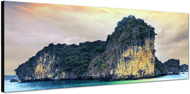 Paul Sinus Art Panoramabild auf Leinwand und Keilrahmen 150x50cm Vietnam Halong Bay Fels Meer Wolken