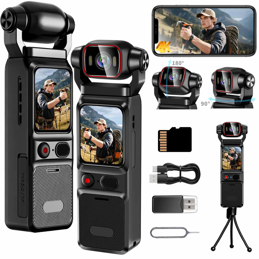 Vlogging Wifi Action Kamera 4K, 160°-Sport Actionkamera, Tragbare Taschenkamera mit um 180° Drehbare