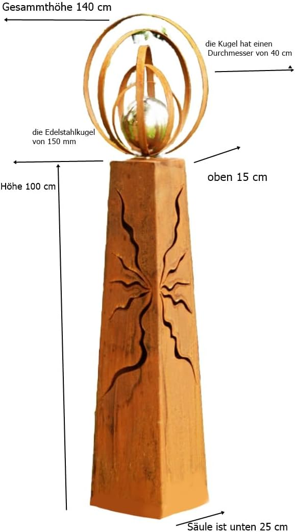 Gartendeko Metall, Rost, konische Rostsäule, 100 cm mit Edelstahlkugel und Rostbänder in Kugelform,