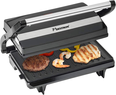 Bestron elektrischer Kontaktgrill mit Auffangschale, Sandwichmaker mit Cool-Touch-Handgriff, Paninim