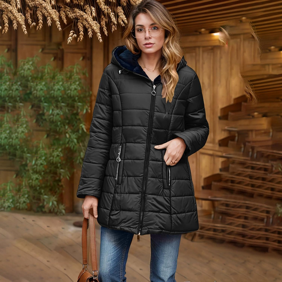 EMATOP Steppjacke Damen Warmer Lang Winterjacke Gefüttert Fleece Daunenjacke Baumwolle Elegant Puffe