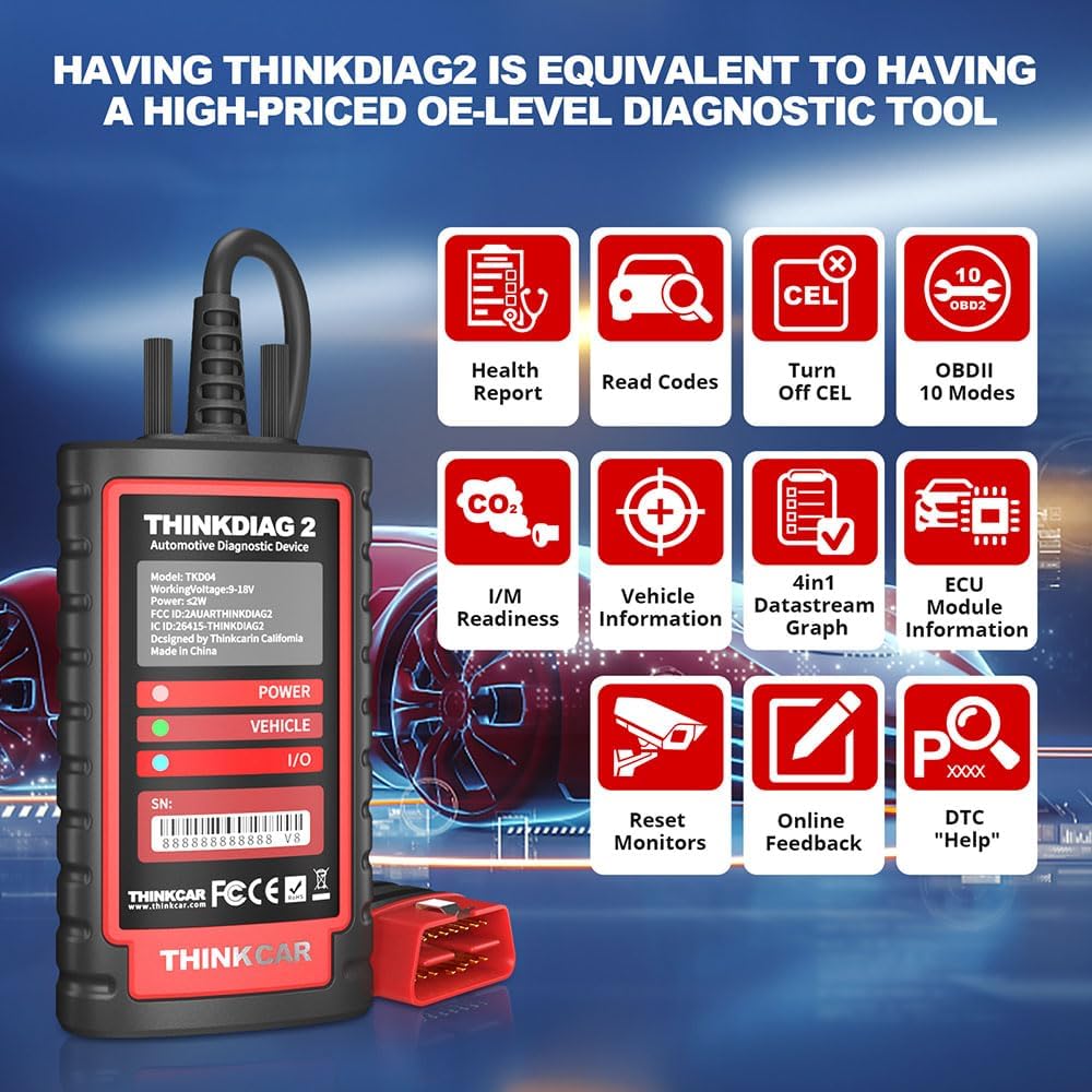 thinkcar obd2 Diagnosegerät,ThinkDiag 2 Bluetooth OBD2 Diagnose Scanner für Alle Fahrzeuge mit 15 Re