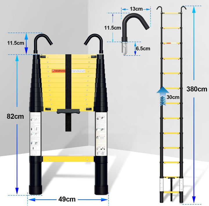Fiqops 3,8 M Teleskopleiter Mit einem klick schrumpfbar, Rutschfester Aluminium Stehleiter 150 kg/33