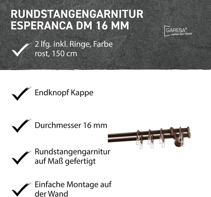 Garesa Gardinenstange Esperanca Ø 16mm, 2-läufig, Rost I Rustikale Vorhangstange inkl. Ringe + Falte