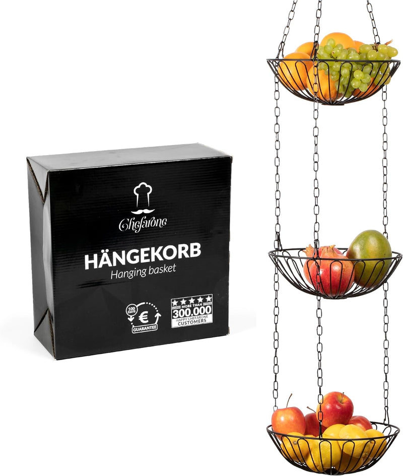 Chefarone Obstkorb hängend mit Deckenhaken - 130cm Küchenampel zum Aufhängen - Obst Hängekorb Küche