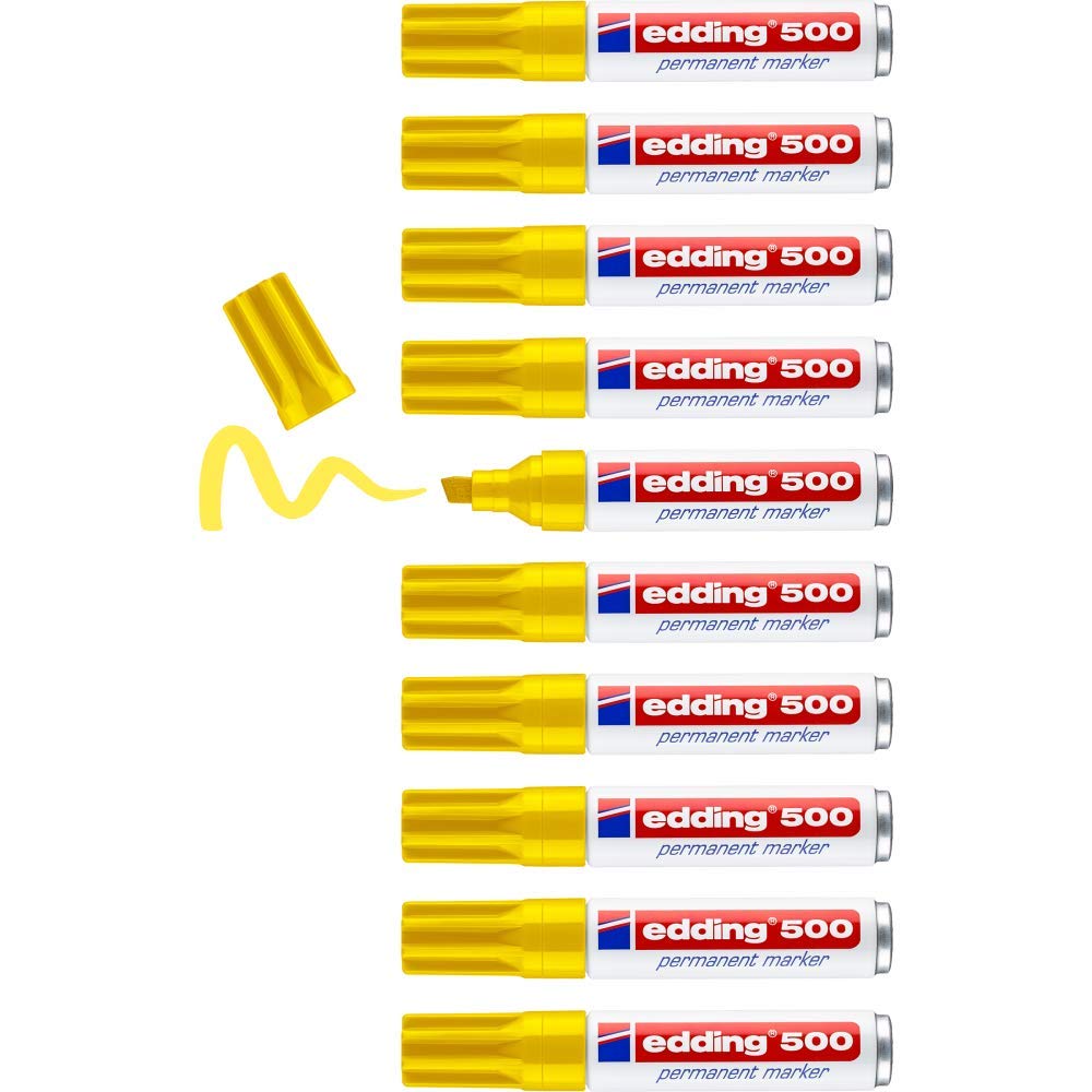 edding 500 Permanentmarker - gelb - 10 Stifte - Keil-Spitze 2-7 mm - wasserfest, schnell-trocknend -
