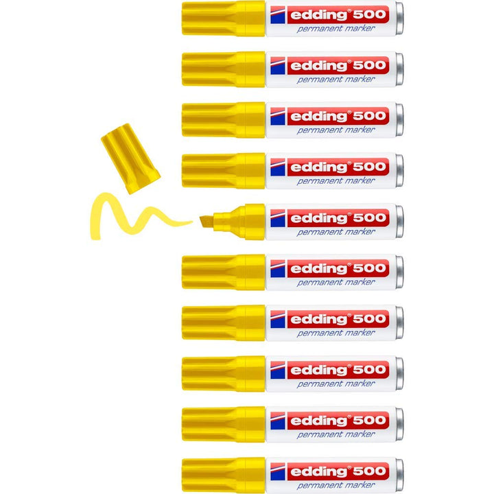 edding 500 Permanentmarker - gelb - 10 Stifte - Keil-Spitze 2-7 mm - wasserfest, schnell-trocknend -