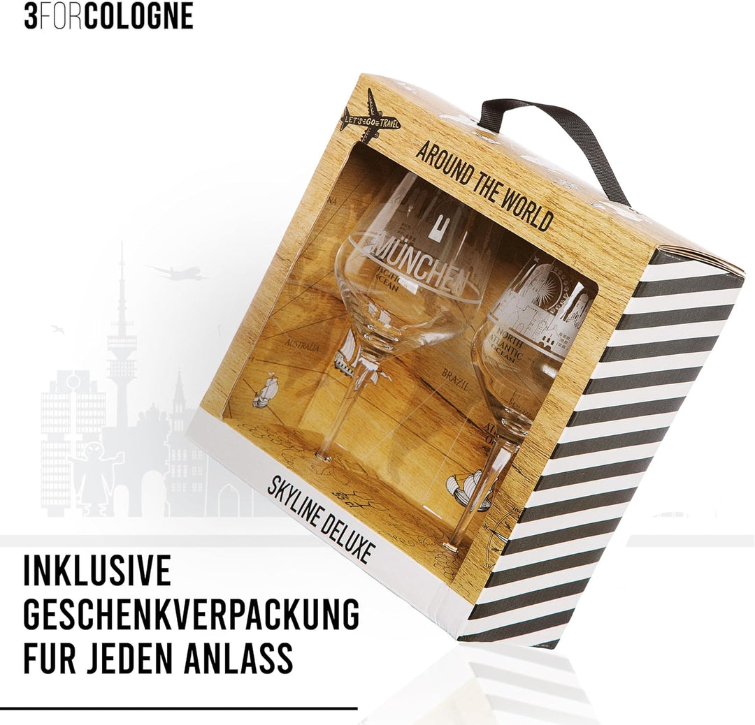 2er Set Weinglas München in schöner Geschenkbox | Hochwertiger Siebdruck im eleganten Ätzweiss, deta