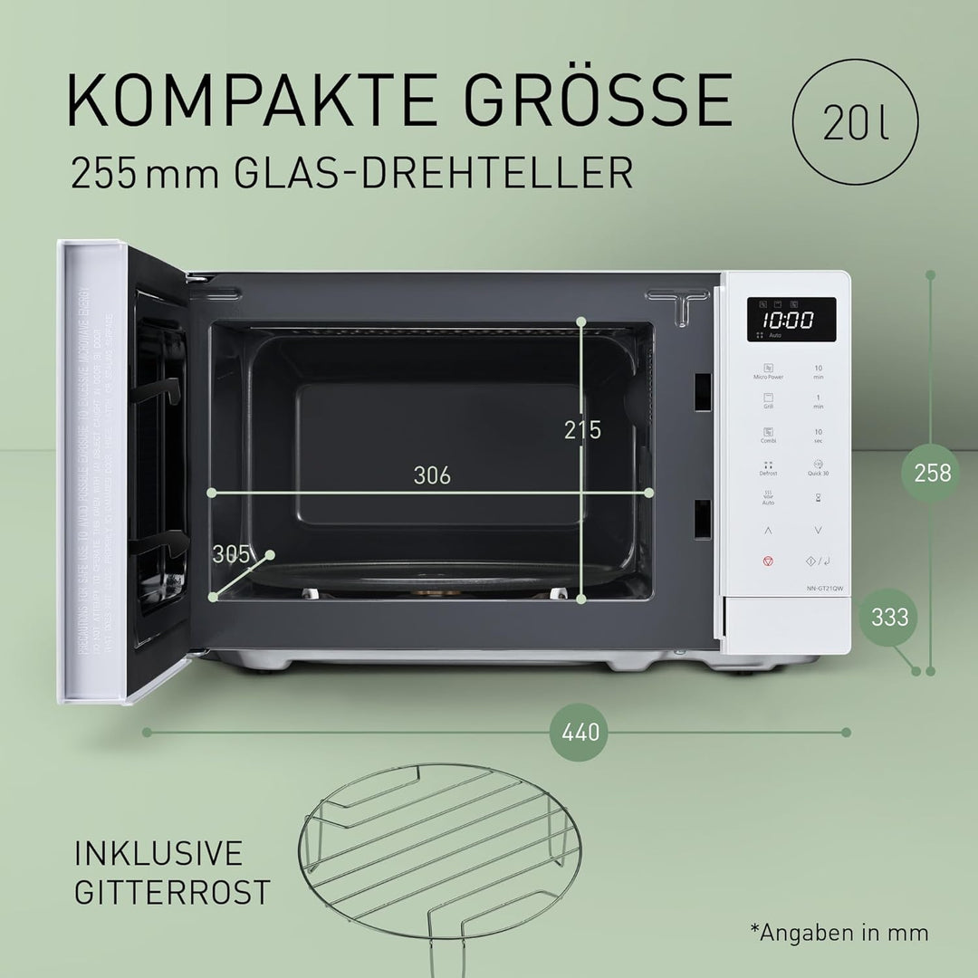 Panasonic NN-GT21QWEPG 20L Grill-Mikrowelle mit Drehteller und Gitterrost, 800 W, 1000 W Grill, LED-