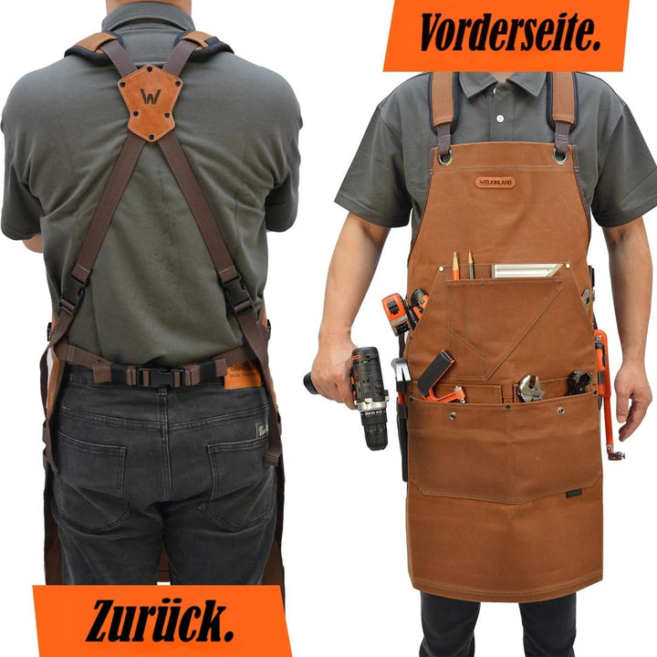 WELKINLAND Werkzeugschürze aus gewachstem Segeltuch mit 16 Taschen, robuste Holzbearbeitungsschürze,