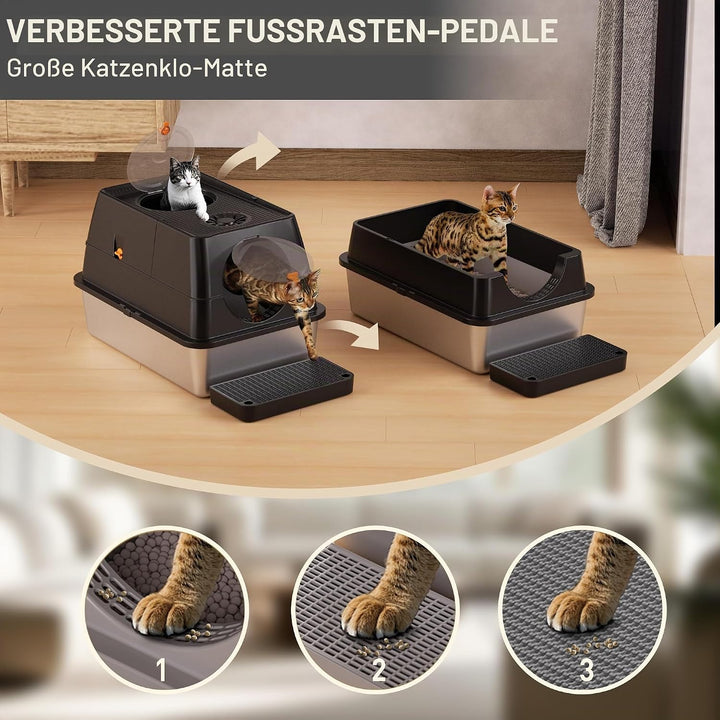 Katzenklo Edelstahl mit Deckel, XL Katzentoilette Geschlossen mit Schaufel, Zwei-Tür-Konfiguration,
