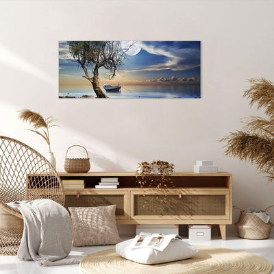 Wandbilder Dekoration Wohnzimmer Nacht Mond Boot Panorama Bilder auf Leinwand 120x50cm Leinwandbild