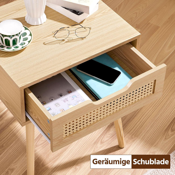 Yaheetech Nachttisch 2er Set mit Schublade Beistelltisch Rattan Nachtkommode Holzbeine Nachtschrank
