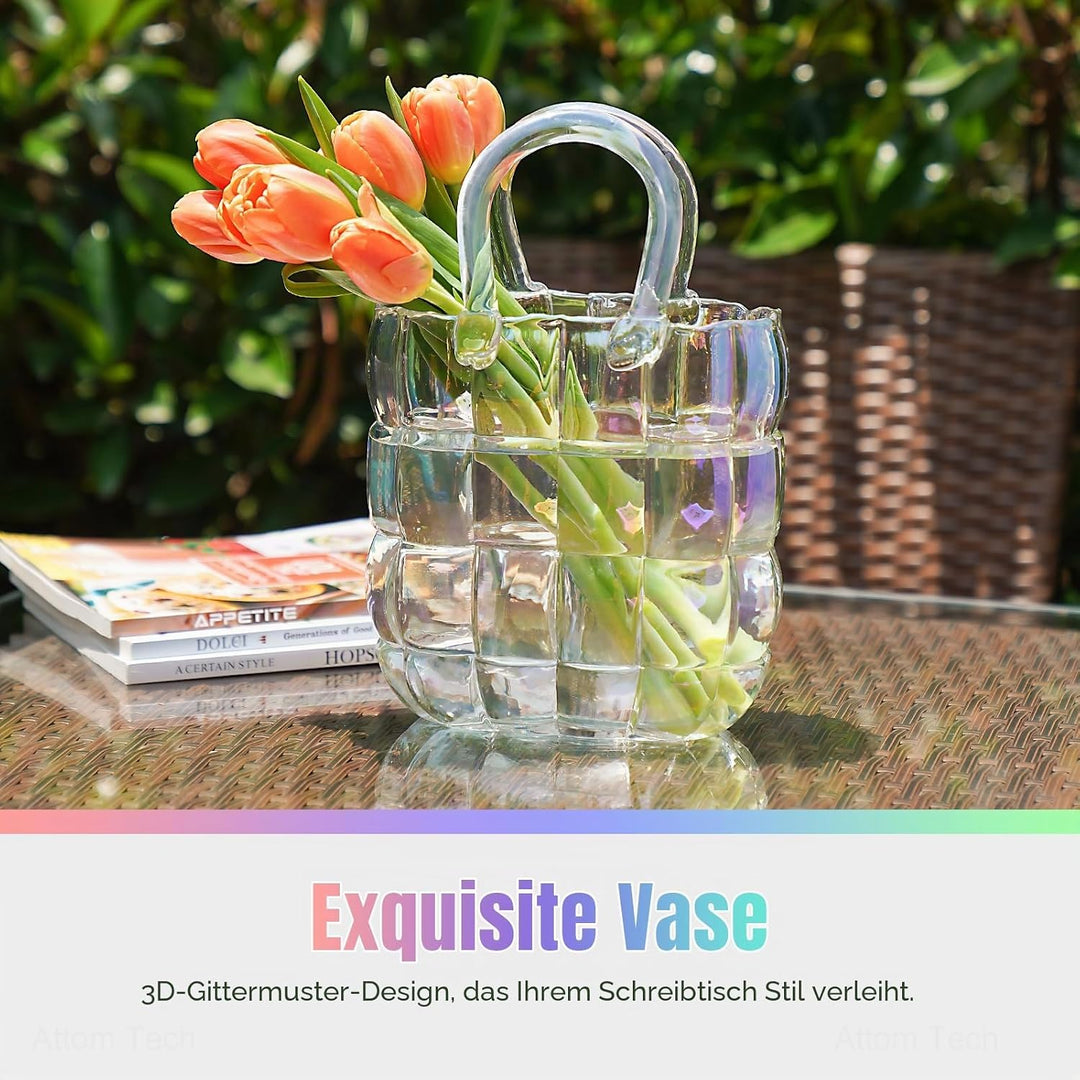 NiHome Glas-Geldbörsen-Vase, schillernde Glas-Taschen-Vase mit Griff, Handtaschen-Form, Vase für Blu