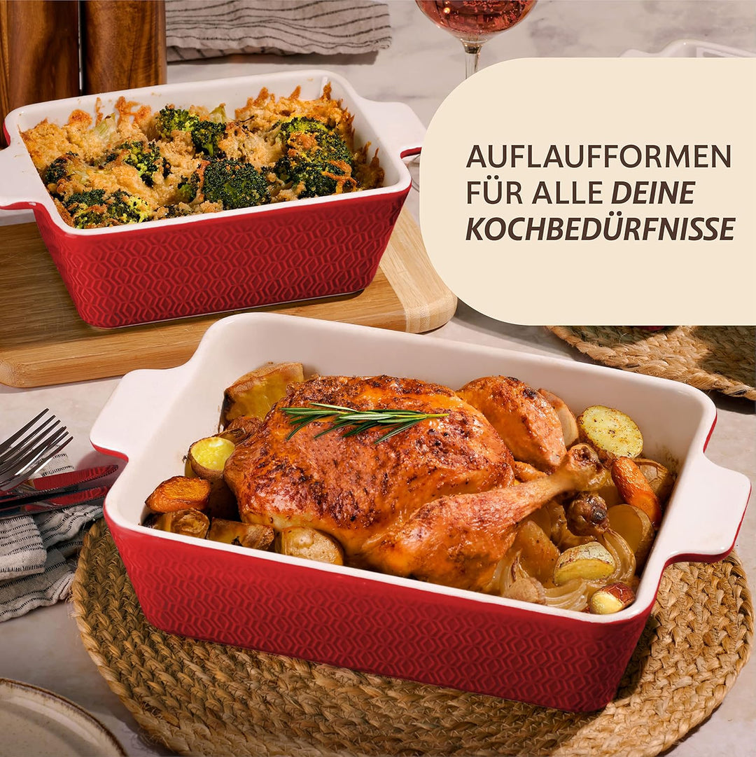 Auflaufform Gross aus Keramik - Extra Hoher Rand - Für Lasagne, Tiramisu & Auflauf - Eckig - Rot, Ro