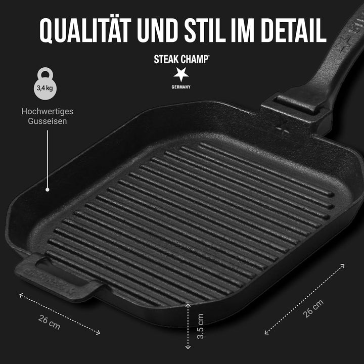 STEAK CHAMP Gusseisen Grillpfanne - Grillpfanne aus Gusseisen 26cm (quadratisch) mit abnehmbaren Gri