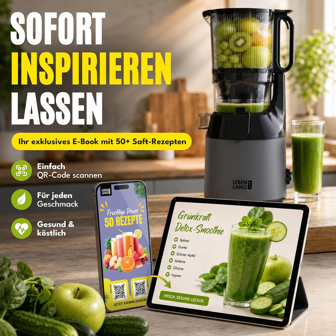 LEBENLANG Entsafter Slow Juicer - Inkl. Rezeptbuch &amp; Grosse 130mm Öffnung I Perfekt für Obst ganze F