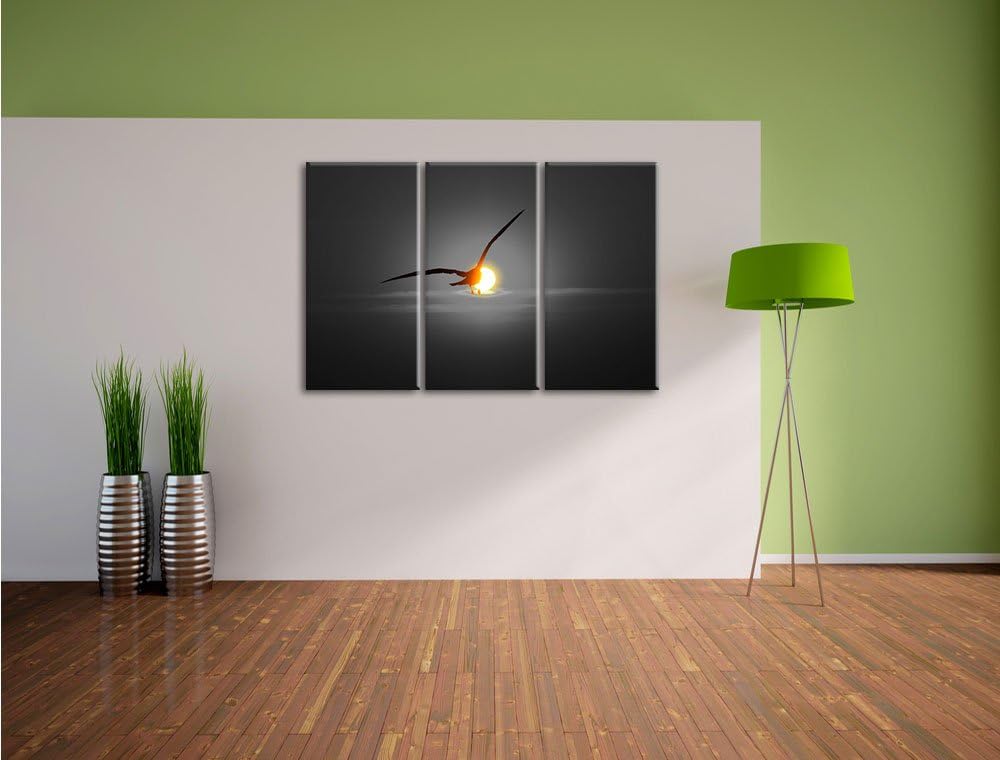 Pixxprint Möwe fliegt in den Sonnenuntergang als Leinwandbild/Grösse: 3 Teilig (120x80) cm/Wandbild/