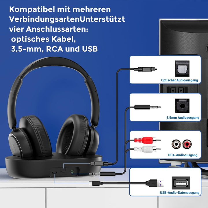 Kabellose TV-Kopfhörer für Senioren – Hohe Lautstärke, Kein Audio-Verzögerung (Plug &amp; Play) – Kompat