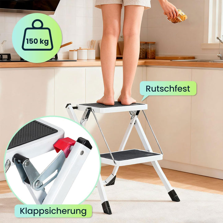 ideoon Küchenleiter 2 Stufen & Tritthocker Set – Klappbar, 150 kg belastbar, rutschfeste Trittfläche