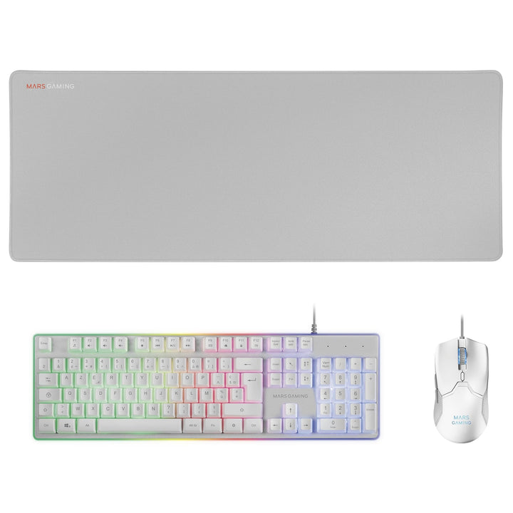 Mars Gaming MCPXWFR, Combo Tastatur H-Mech FRGB, Ultralight Maus 10000DPI &amp; XXL Mousepad, Weiss, Fra