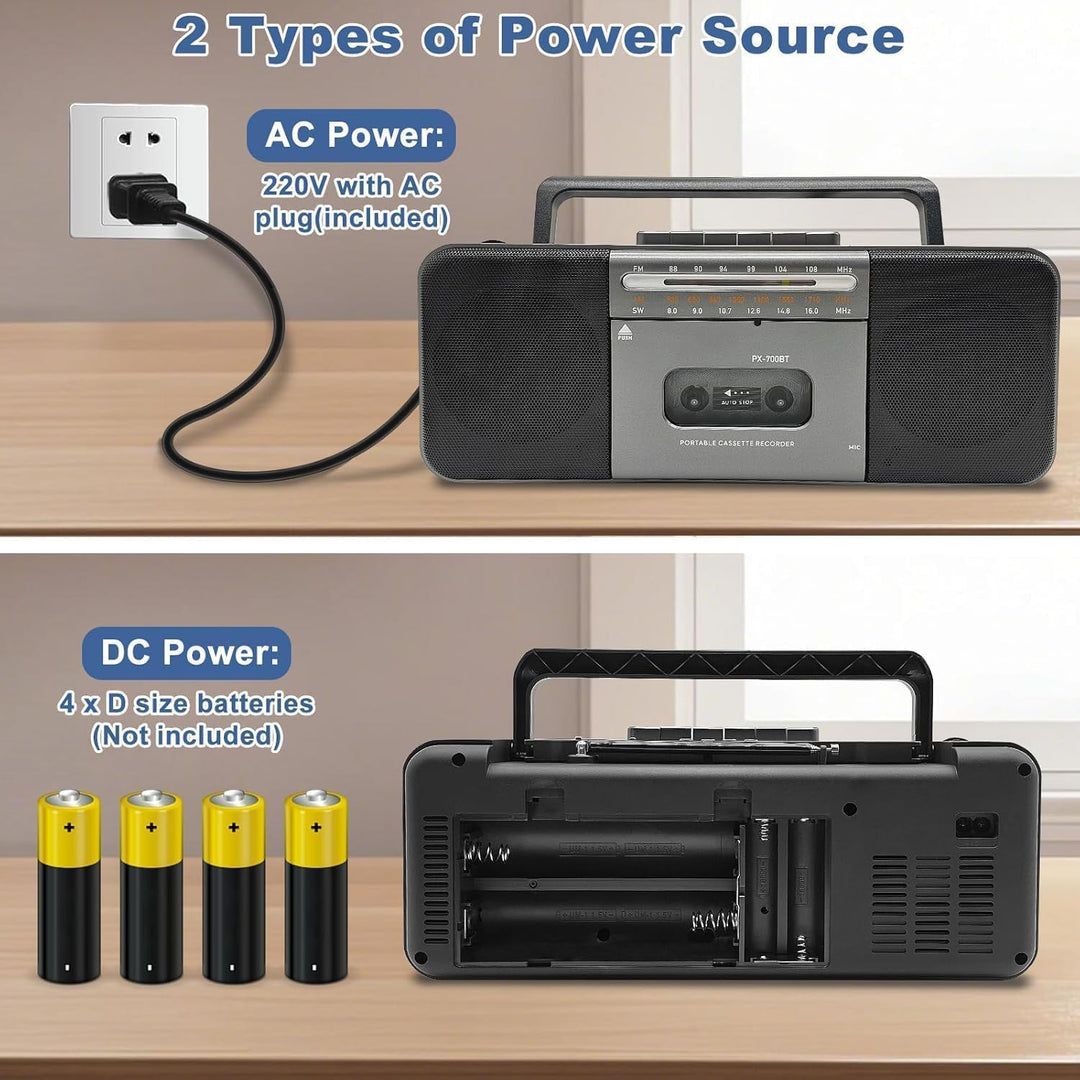 Tragbarer Bluetooth Kassettenspieler Boombox mit Kassettenrecorder, AM/FM/SW Radio, 10W Dual-Lautspr