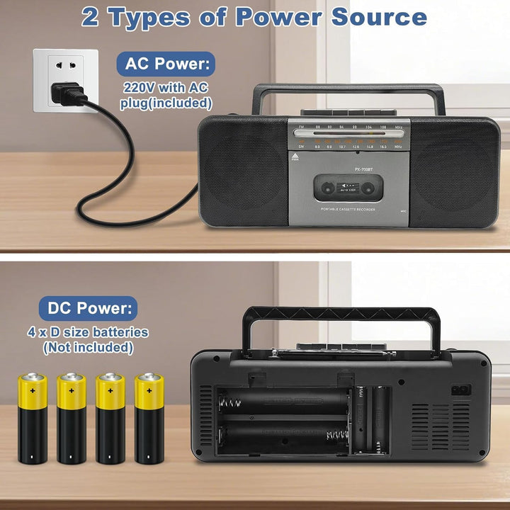 Tragbarer Bluetooth Kassettenspieler Boombox mit Kassettenrecorder, AM/FM/SW Radio, 10W Dual-Lautspr