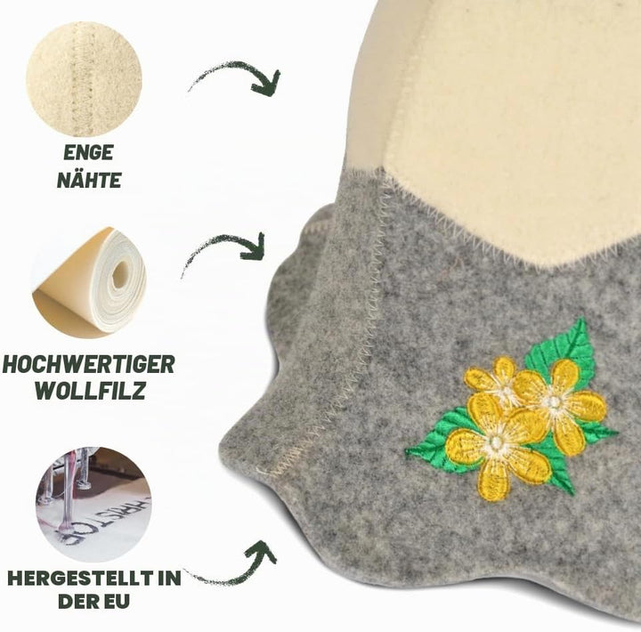Saunahut für Damen und Herren aus Filz - Sauna Flower – Grau Saunahut für Herren und Damen aus 100Pr