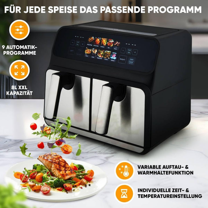 ProfiCook® Heissluftfritteuse 2 Kammern | 8L Heissluftfritteuse Doppelkammer | kein Öl oder Fett | A