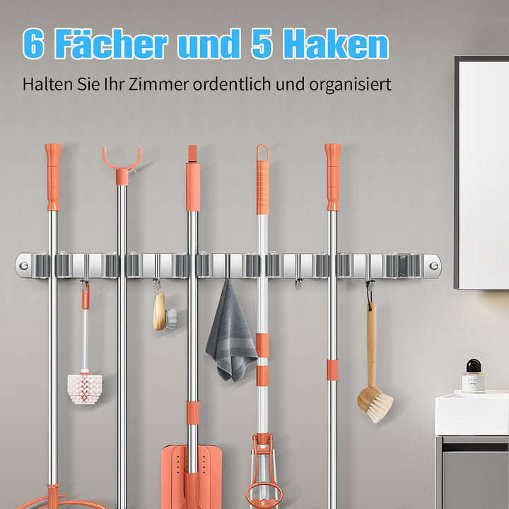 Besenhalterung Wand, Besenhalter Edelstahl, Gerätehalter Wandhalterung mit 6 Halter und 5 Haken, Bes