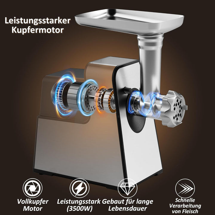STANEW Fleischwolf Elektrisch, 3 in 1 Hackfleisch Maschine mit 3 Platten aus Edelstahl, Wurstmaschin
