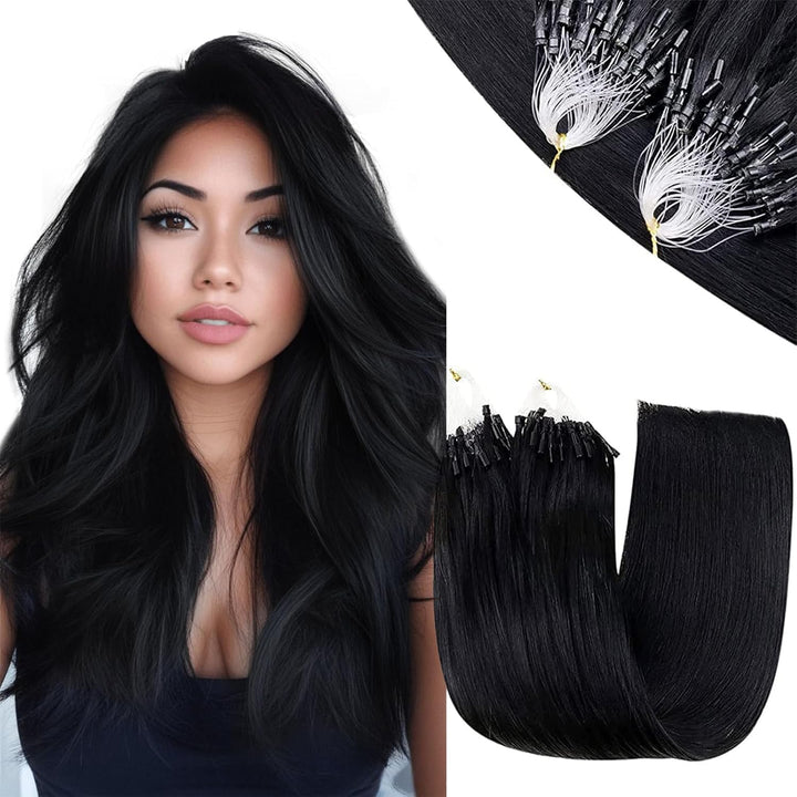 RUNATURE Microring Extensions Echthaar Schwarz 50cm 50 Strähne Unsichtbare Haarverlängerung Echthaar