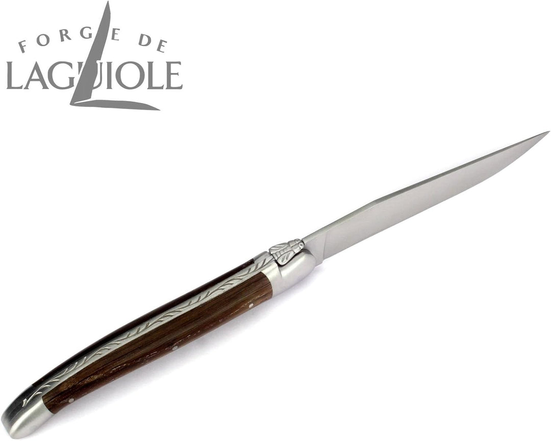 Forge de Laguiole - Set Zwei Steakmesser - Griff fossile Mooreiche - Edle Tafel-Messer - Stahl matt