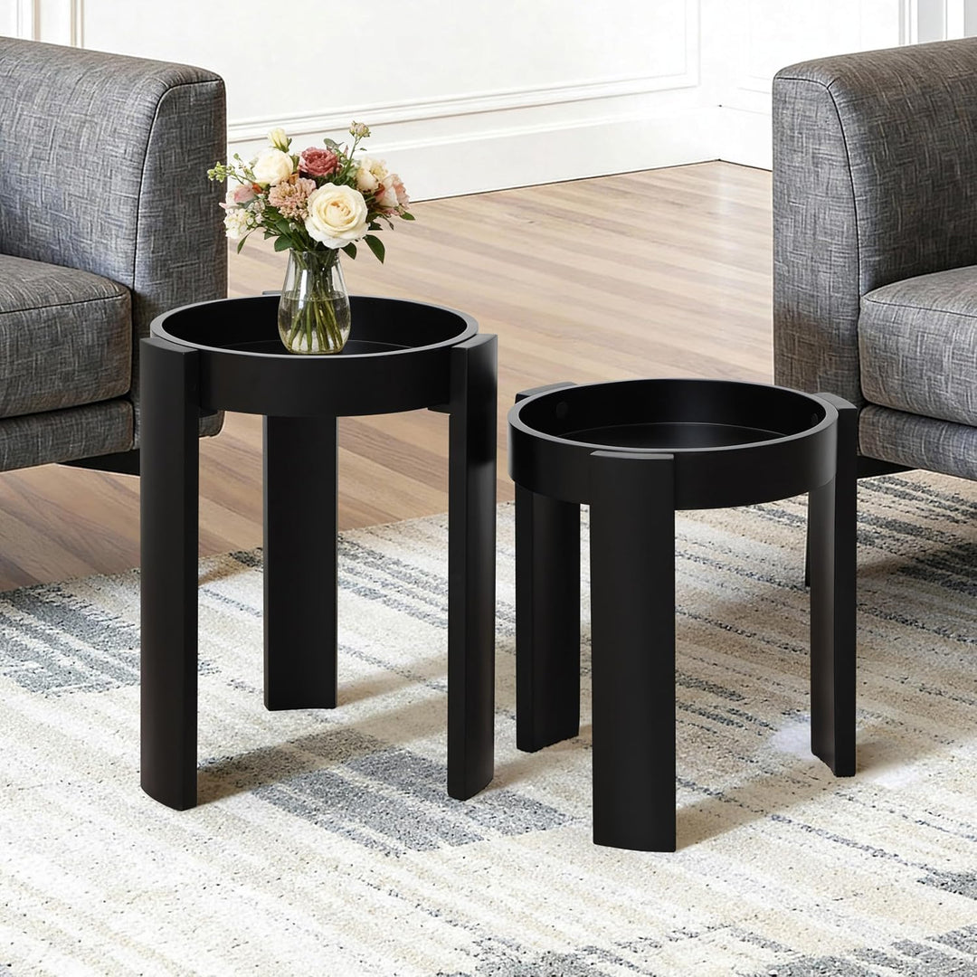 Hometopia 2er Holz Beistelltisch Schwarz mit Tablett, Couchtisch Rund | Runde Satztische aus MDF,Nes