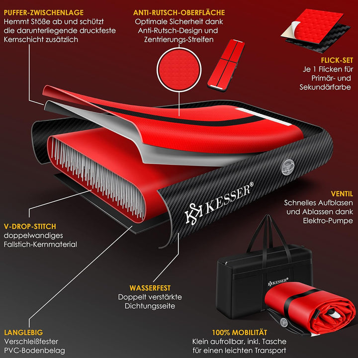 KESSER® Turnmatte Aufblasbar Airtrack Fitness-Matte Gymnastikmatte | inkl. Tragetasche & elektr. Luf