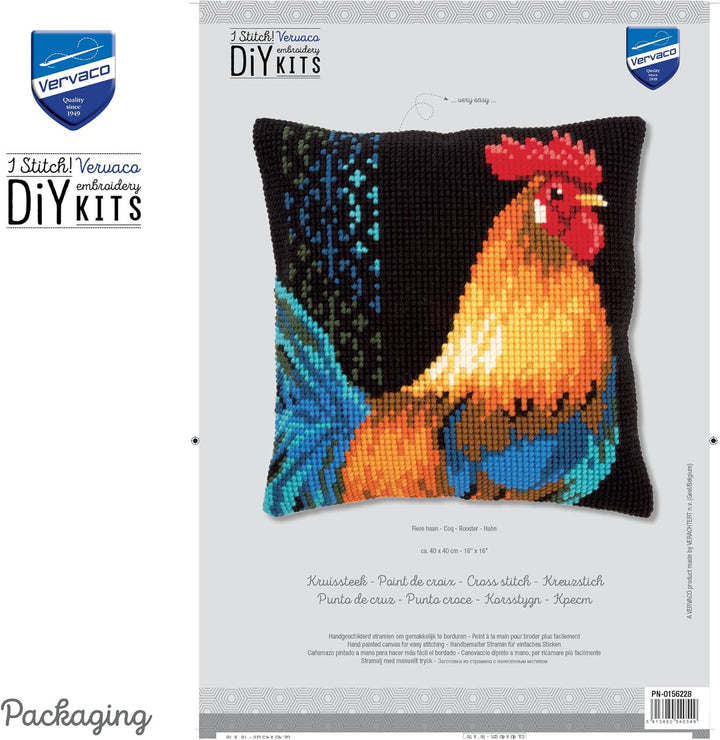 Vervaco Kreuzstichkissen Huhn Kreuzstickpackung vorgedruckt, Stramin, weiss, 40 x 40 x 0,3 cm