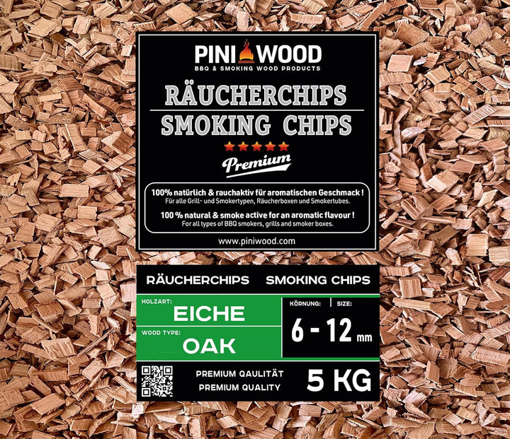 PINI 5 Kg Räucherchips Eiche 6-12 mm Smoking Chips Räucherspäne 18 Liter