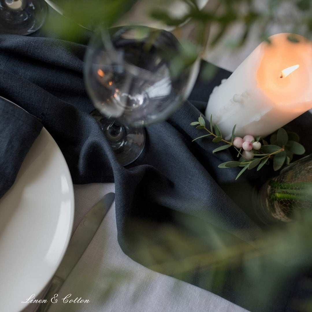 Linen &amp; Cotton Tischläufer Stoff Tischband Tischdeko Hygge 100% Leinen, Schwarz (40 x 300 cm) Lang L