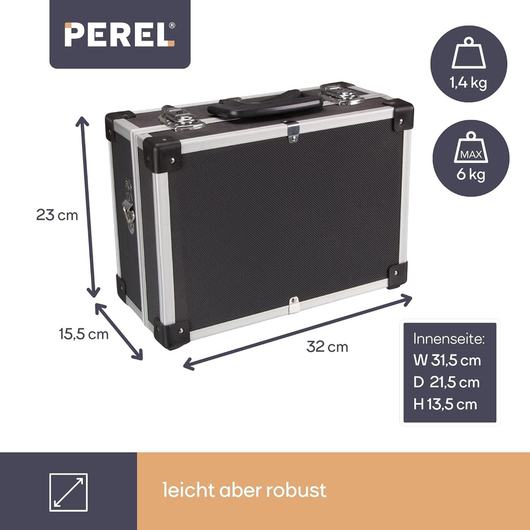 Perel 1821-N Aluminium Werkzeugkoffer, 330 mm x 230 mm x 150 mm Abmessungen, Schwarz