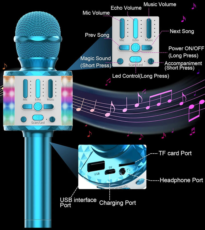 Karaoke Mikrofon, Drahtloses Bluetooth Mikrofon Kinder mit LED, Tragbares Karaoke Maschine zum Singe