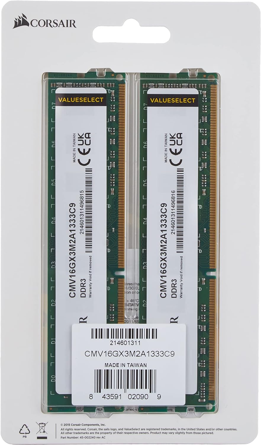 Corsair CMV16GX3M2A1333C9 Value Select 16GB (2x8GB) DDR3 1333 Mhz CL9 Standard Desktop Memory 1333Mh