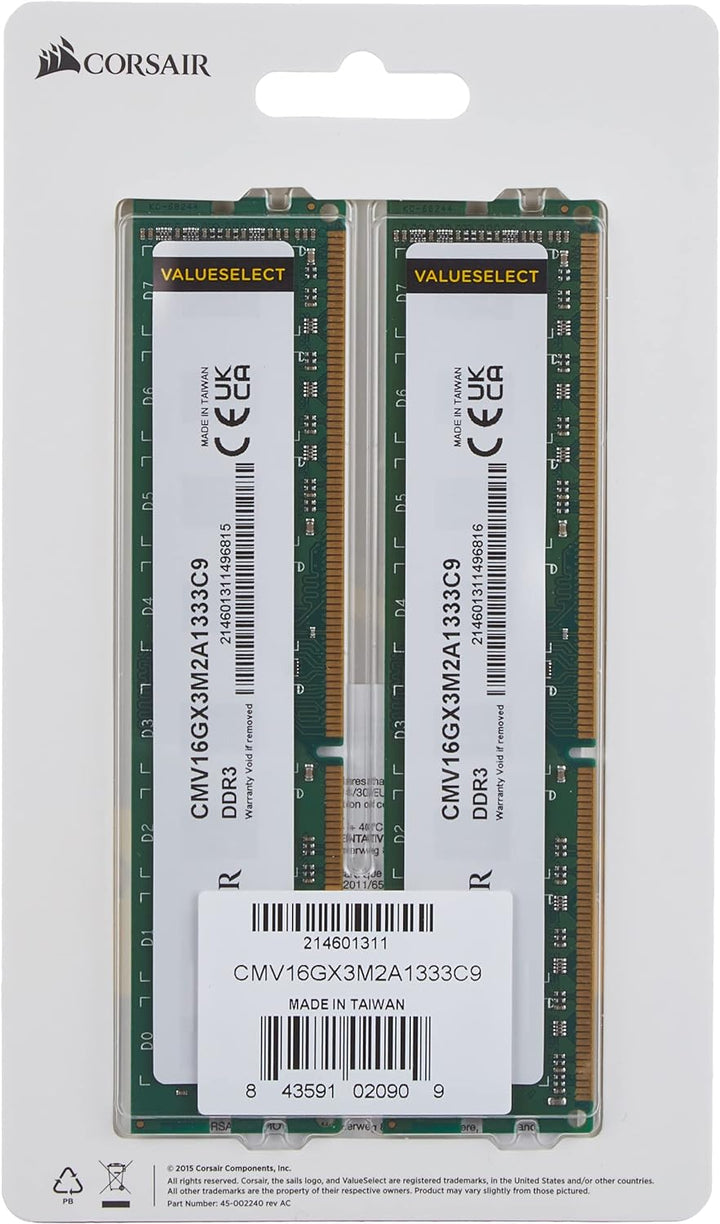 Corsair CMV16GX3M2A1333C9 Value Select 16GB (2x8GB) DDR3 1333 Mhz CL9 Standard Desktop Memory 1333Mh