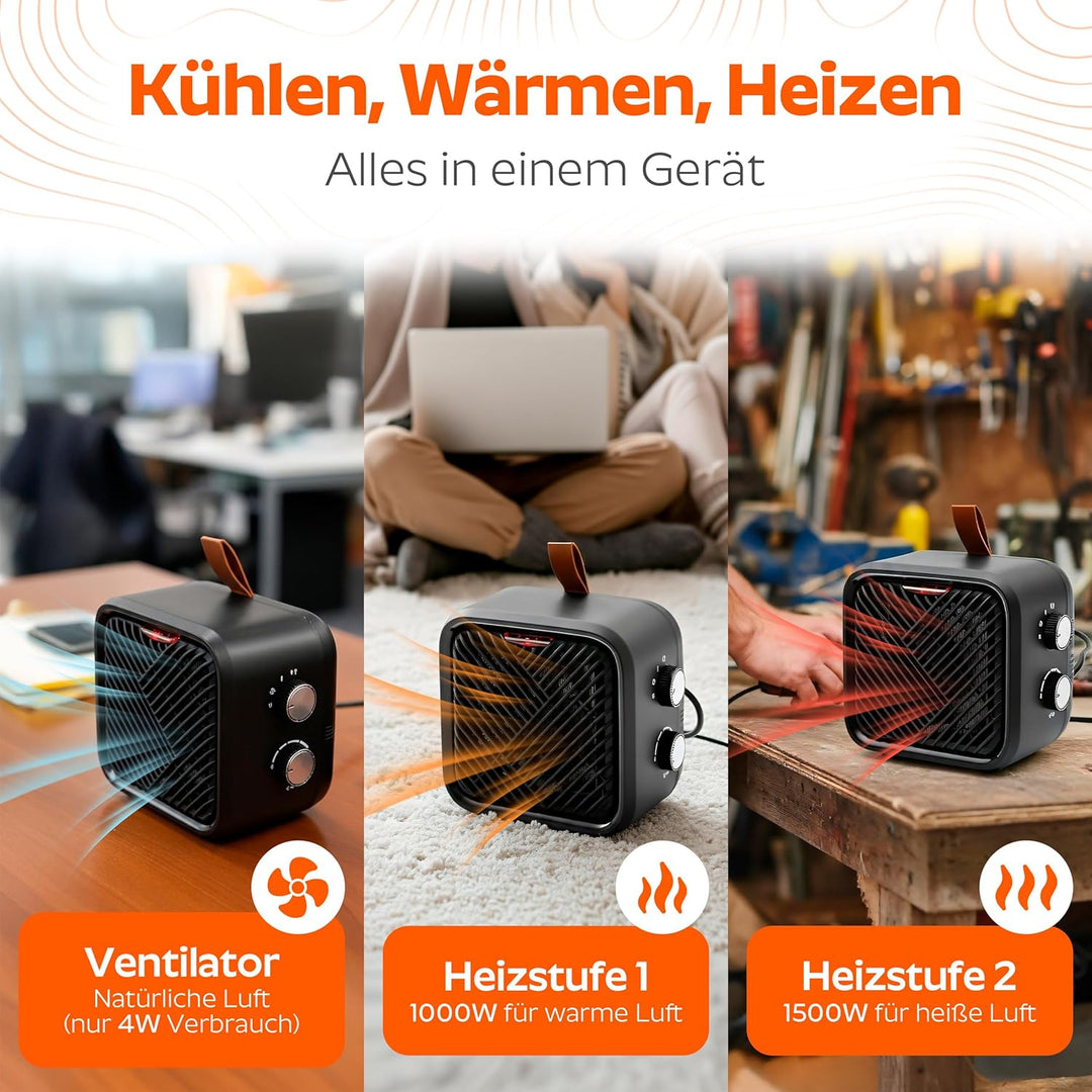3 in 1 Keramik Elektro Heizlüfter – Elektroheizung klein & leiser Heizungslüfter mit Thermostat (100