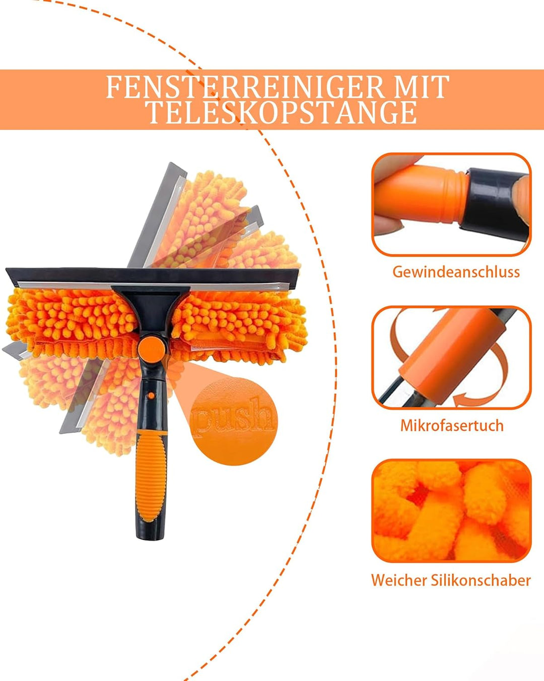 4,5 m Teleskop Fensterreiniger: Fensterwischer 270° drehbarer Kopf (Orange - 2-in-1), Orange - 2-in-
