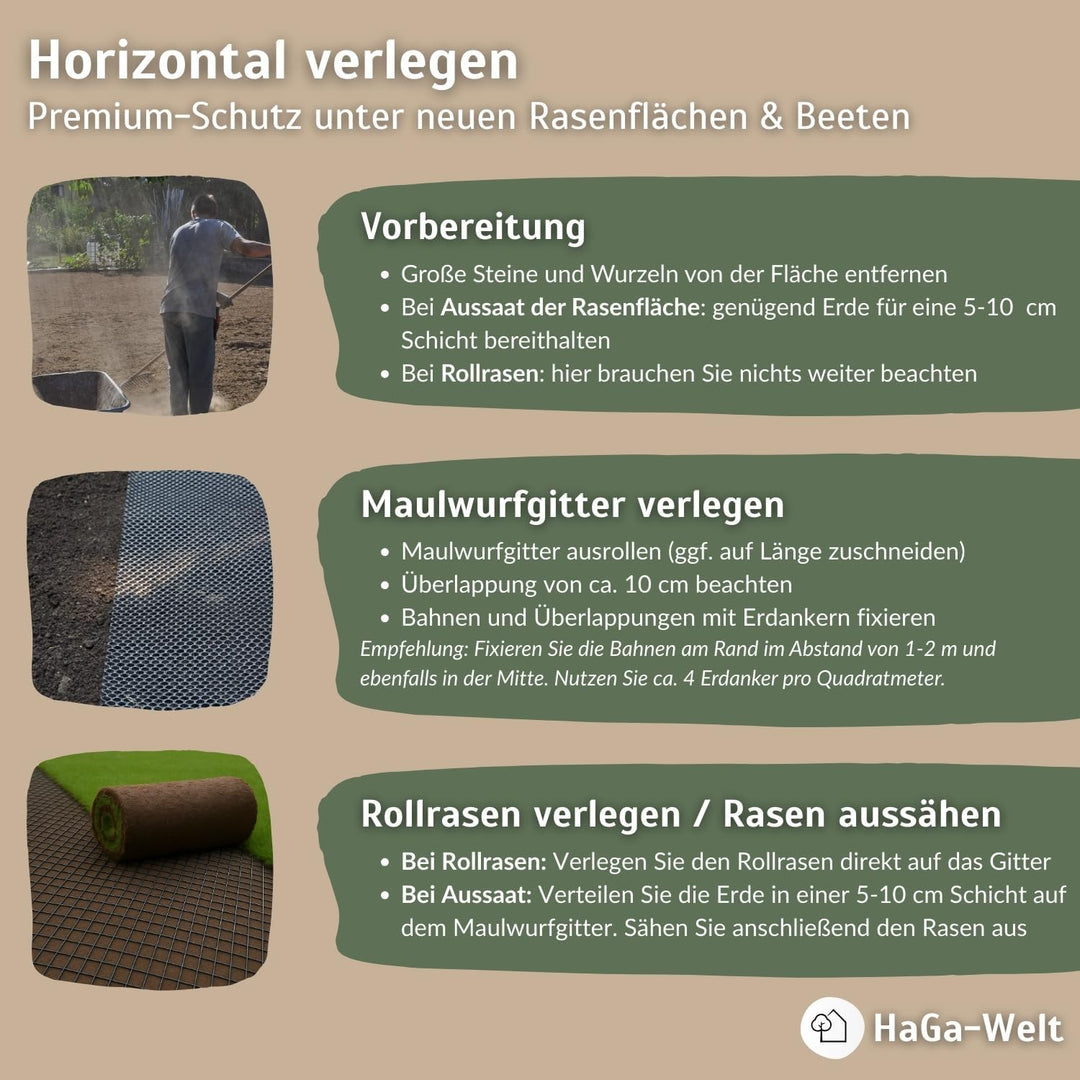 HaGa® Maulwurfgitter 10m x 1,2m Kunststoffgitter Maulwurfschutz in grün - pflanzenverträglich - verr