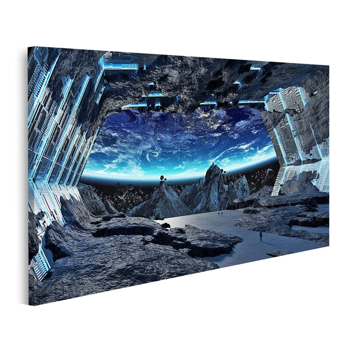 islandburner Bild auf Leinwand Riesiges Asteroid Raumschiff Innen mit Blick auf Erde Kinderzimmer Sp