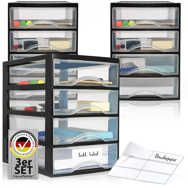 Hausfelder Schubladenbox A4, 3 Organizer mit jeweils 4 Schubladen inkl Aufkleber (A4, 3 Stk. mit 4 S